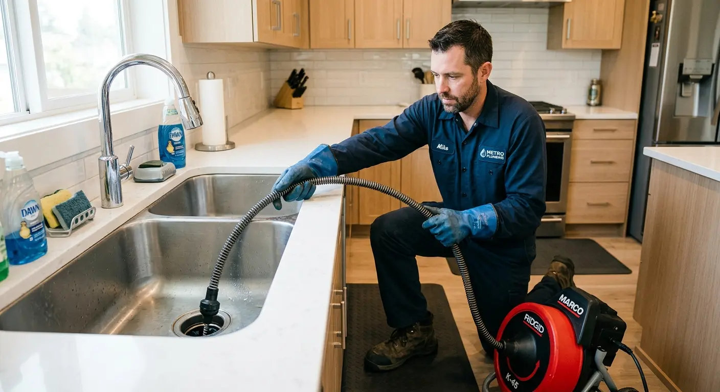 Drain cleaning technician using a motorized snake on a kitchen sink in Frankenmuth