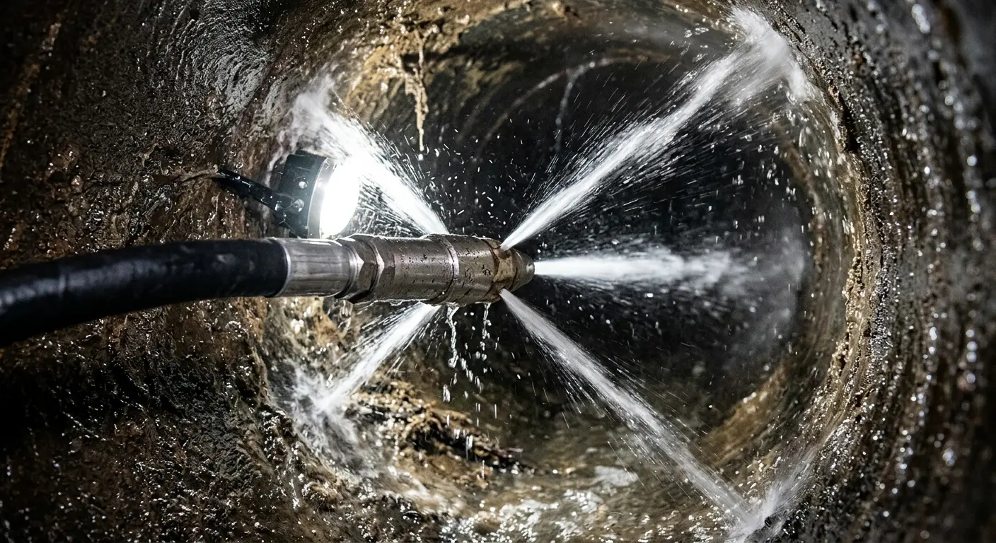 High-pressure hydro jetting nozzle cleaning sewer pipe for Trenchless Sewer Repair in Frankenmuth