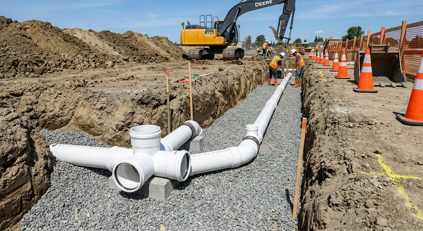 New PVC sewer pipe installation in open trench for Commercial Drain Cleaning in Frankenmuth