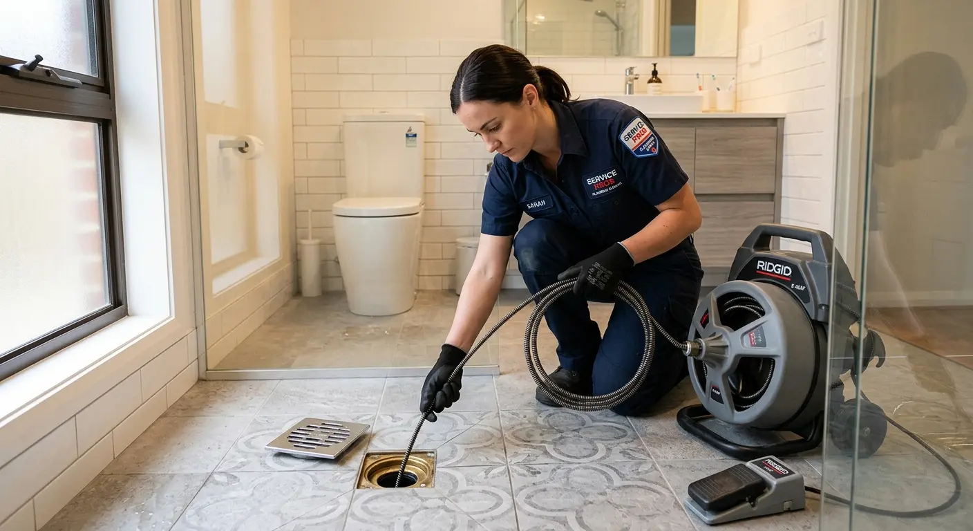 Technician clearing a bathroom floor drain for Drain Cleaning in Frankenmuth